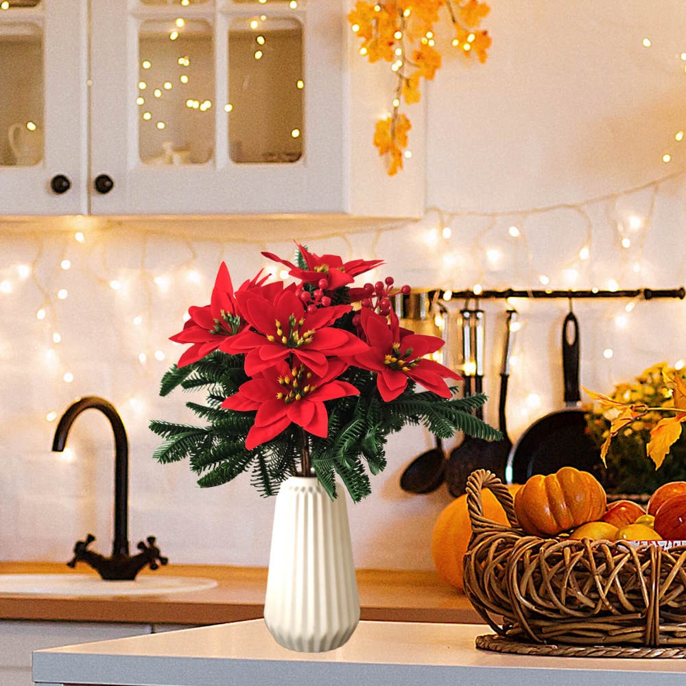 2 Bundles Artificial Poinsettia Bouquet with Red Berries - Christmas Floral Centerpiece for Holiday Decor, Table, Mantel, Wreath, Gift