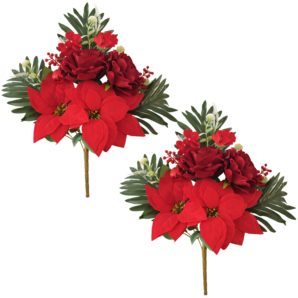 Velvet Poinsettia Bouquet - 2-Pack (22 Stems) Artificial Christmas Flowers with Roses & Mums for Holiday, Xmas, Wedding Decor