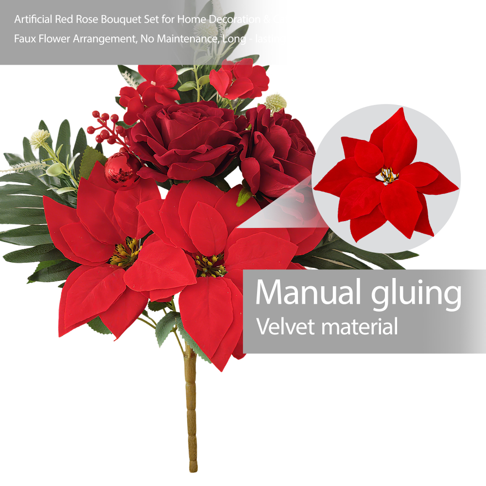Velvet Poinsettia Bouquet - 2-Pack (22 Stems) Artificial Christmas Flowers with Roses & Mums for Holiday, Xmas, Wedding Decor