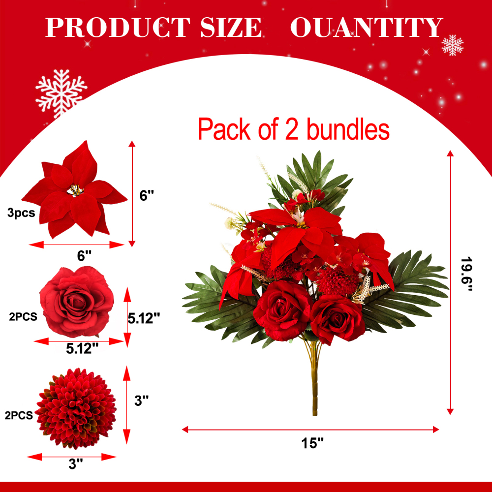 Velvet Poinsettia Bouquet - 2-Pack (22 Stems) Artificial Christmas Flowers with Roses & Mums for Holiday, Xmas, Wedding Decor