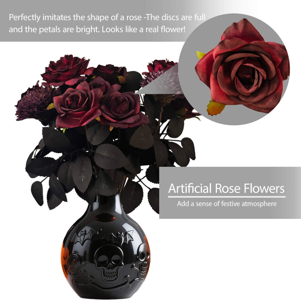 2 Pack Halloween Black Purple Artificial Roses Grave Party Decor-14"