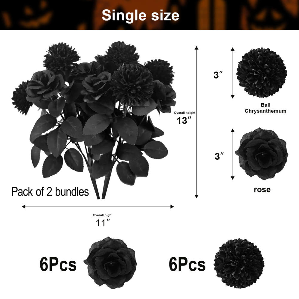 2 Pack Halloween Black Artificial Roses Chrysanthemum Grave Party Decor-13"