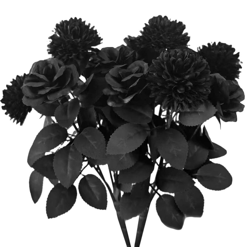 2 Pack Halloween Black Artificial Roses Chrysanthemum Grave Party Decor-13"