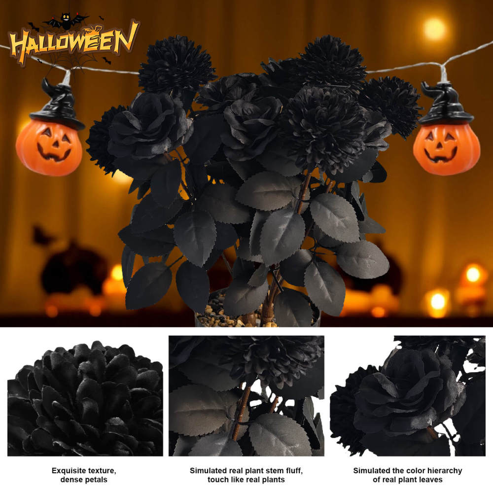 2 Pack Halloween Black Artificial Roses Chrysanthemum Grave Party Decor-13"