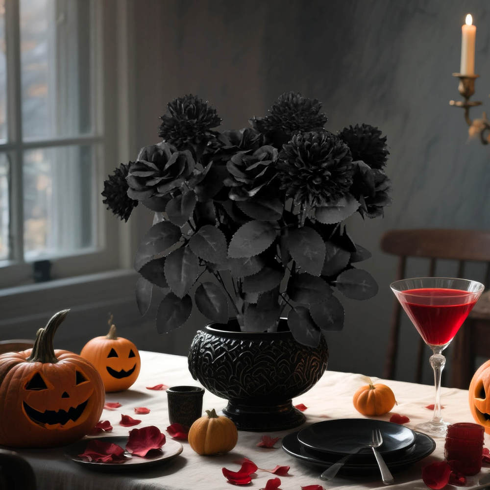2 Pack Halloween Black Artificial Roses Chrysanthemum Grave Party Decor-13"