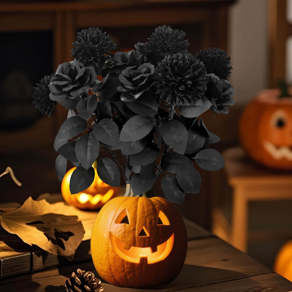 2 Pack Halloween Black Artificial Roses Chrysanthemum Grave Party Decor-13"
