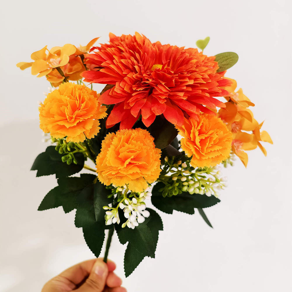 Artificial Orange Bush Fall Bouquet -Chrysanthemum, Carnations  Crabapple-12"