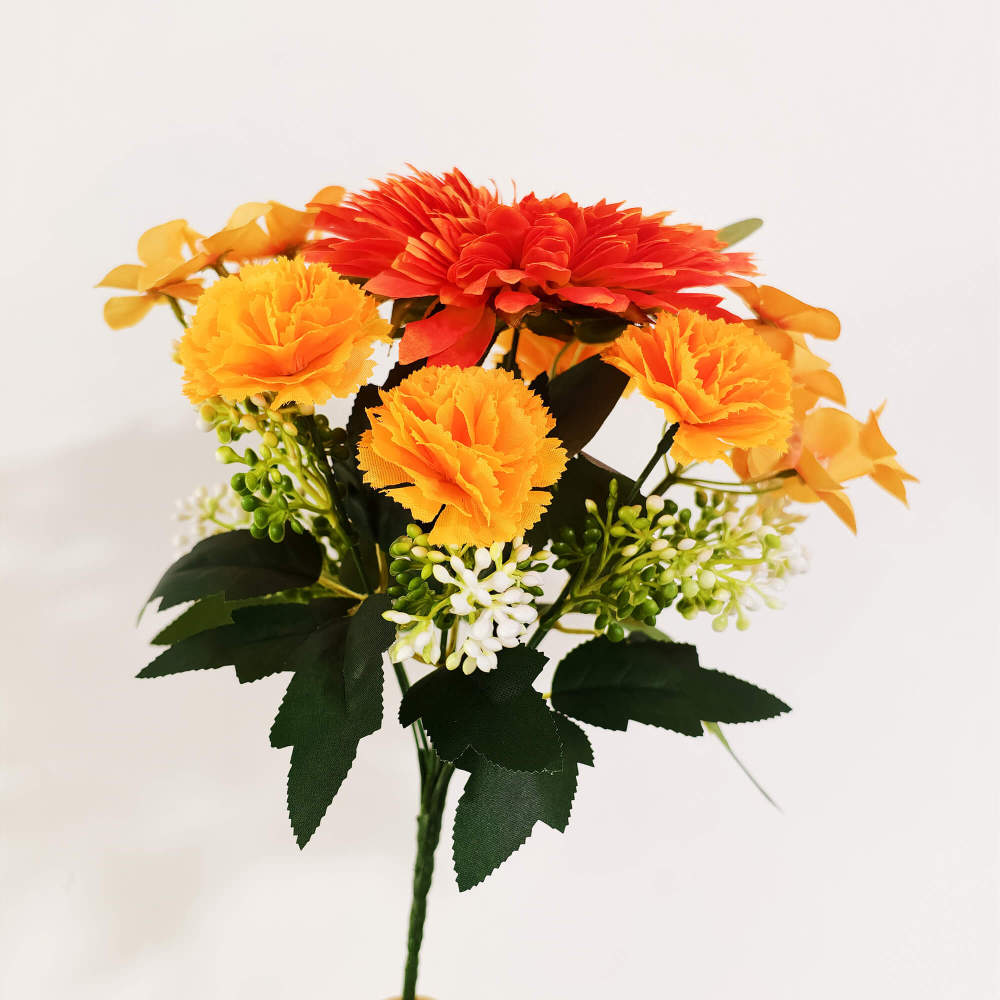 Artificial Orange Bush Fall Bouquet -Chrysanthemum, Carnations  Crabapple-12"