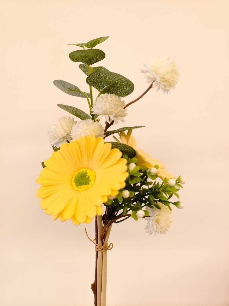 Mini Yellow Gerbera Daisy Faux Bouquet with Eucalyptus | 12 Inch No Vase Artificial Floral for Desk & Shelf Decor