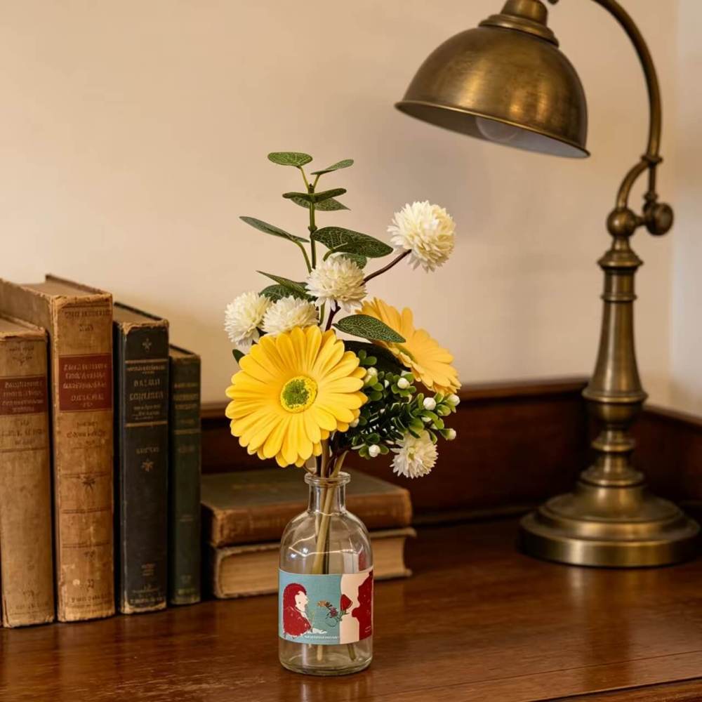 Mini Yellow Gerbera Daisy Faux Bouquet with Eucalyptus | 12 Inch No Vase Artificial Floral for Desk & Shelf Decor