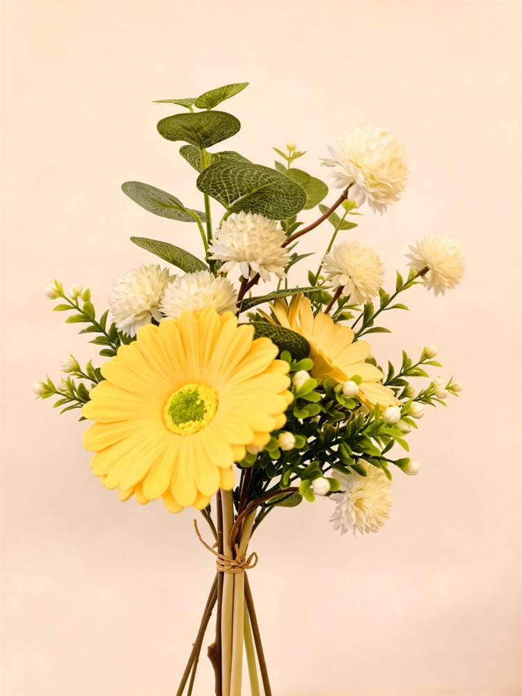 Mini Yellow Gerbera Daisy Faux Bouquet with Eucalyptus | 12 Inch No Vase Artificial Floral for Desk & Shelf Decor