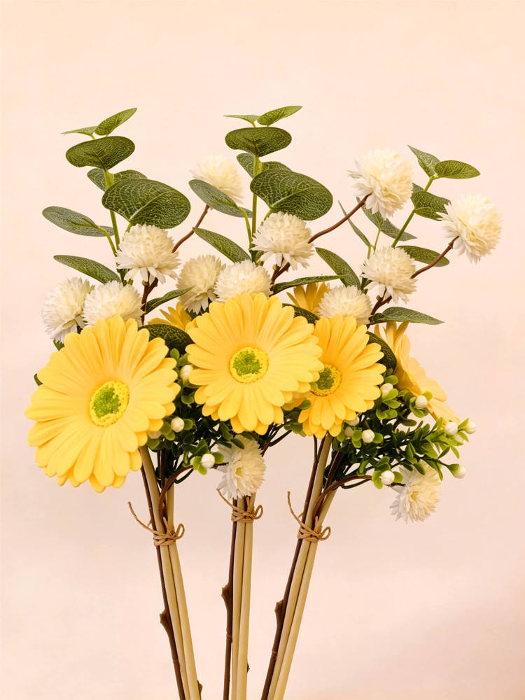 Mini Yellow Gerbera Daisy Faux Bouquet with Eucalyptus | 12 Inch No Vase Artificial Floral for Desk & Shelf Decor