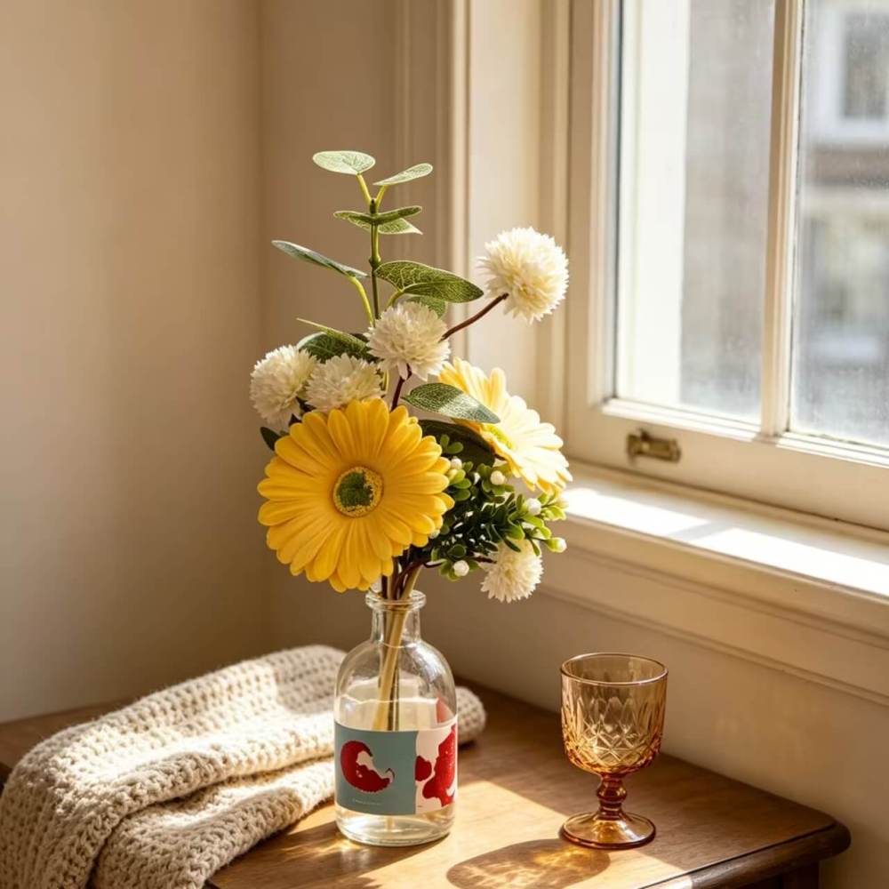 Mini Yellow Gerbera Daisy Faux Bouquet with Eucalyptus | 12 Inch No Vase Artificial Floral for Desk & Shelf Decor