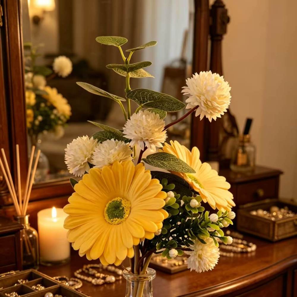 Mini Yellow Gerbera Daisy Faux Bouquet with Eucalyptus | 12 Inch No Vase Artificial Floral for Desk & Shelf Decor