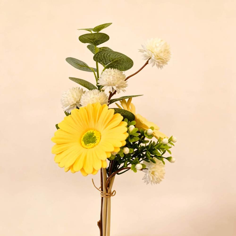 Mini Yellow Gerbera Daisy Faux Bouquet with Eucalyptus | 12 Inch No Vase Artificial Floral for Desk & Shelf Decor