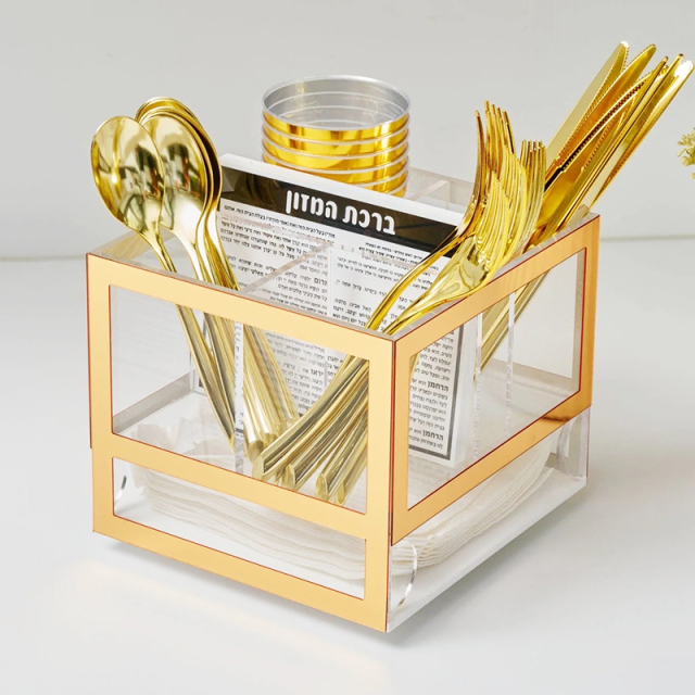 Gold Silverware Caddy Bencher Set,Shabbat Silverware Caddy - Gold Lucite Silverware Caddy with Bencher Cards