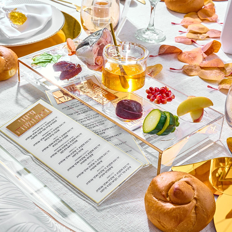 Suspended Lucite Simanim Tray Card Set with Honey Dish,Suspended Lucite Simanim Tray Card Set with Honey Dish - Rosh Hashanah Table Centerpiece