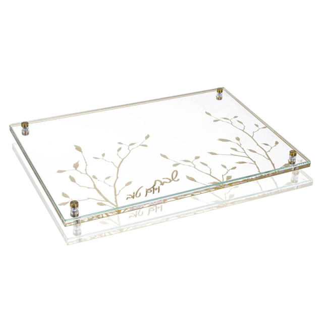 Leaf Print Shabbat Lucite Challah Board,Leaf Print Shabbat Lucite Challah Board - Challah Board with Tempered Glass
