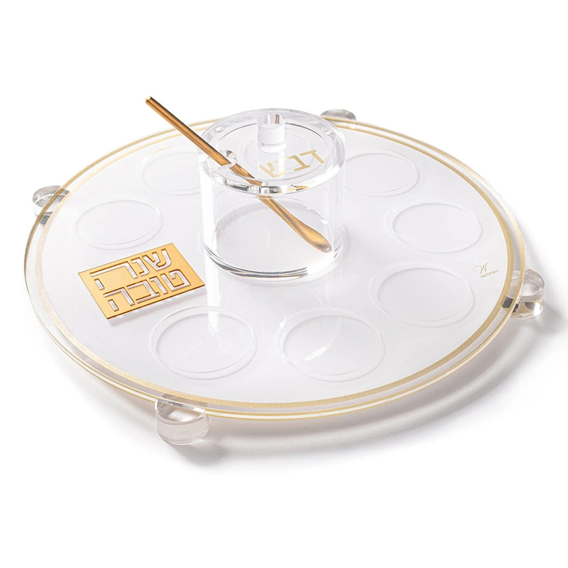 Round Acrylic Simanim Tray with Honey Dish,Round Acrylic Simanim Tray with Honey Dish - Rosh Hashanah Seder Table