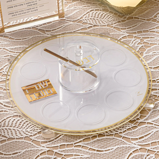 Round Acrylic Simanim Tray with Honey Dish,Round Acrylic Simanim Tray with Honey Dish - Rosh Hashanah Seder Table