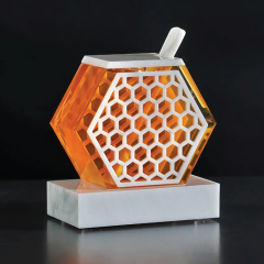 Honeycomb Lucite Honey Dish with Magnetic Cover & Spoon,Honeycomb Lucite Honey Dish with Spoon | Judaica Rosh Hashanah Honey Dish