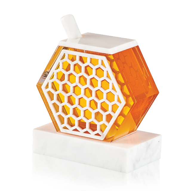 Honeycomb Lucite Honey Dish with Magnetic Cover & Spoon,Honeycomb Lucite Honey Dish with Spoon | Judaica Rosh Hashanah Honey Dish