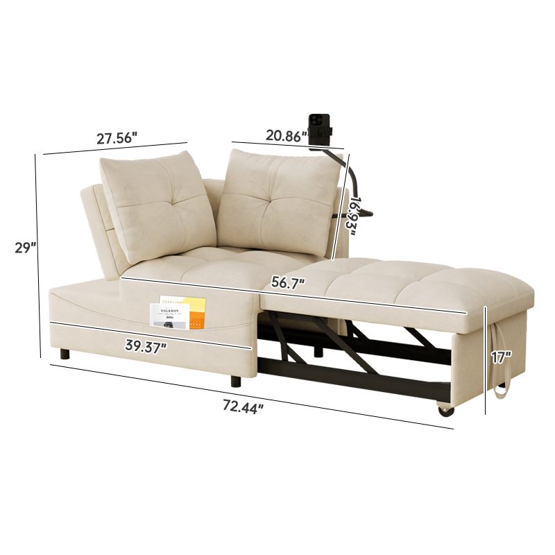 1 versatile foldable sofa bed in 3 lengths,  modern sofa sofa sofa velvet pull-out bed, loveseat sofa adjustable back and with USB port and swivel phone stand,BEIGE