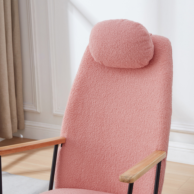 Adjustable Headrest Pillow Rocking Chair, Teddy Fabric Upholstered Glider Rocker with High Backrest, Modern Rocking Accent Chairs Comfy Side Chair for Nursery, Bedroom, Living Room (Pink)