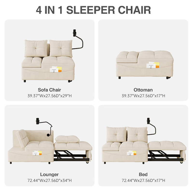 1 versatile foldable sofa bed in 3 lengths,  modern sofa sofa sofa velvet pull-out bed, loveseat sofa adjustable back and with USB port and swivel phone stand,BEIGE