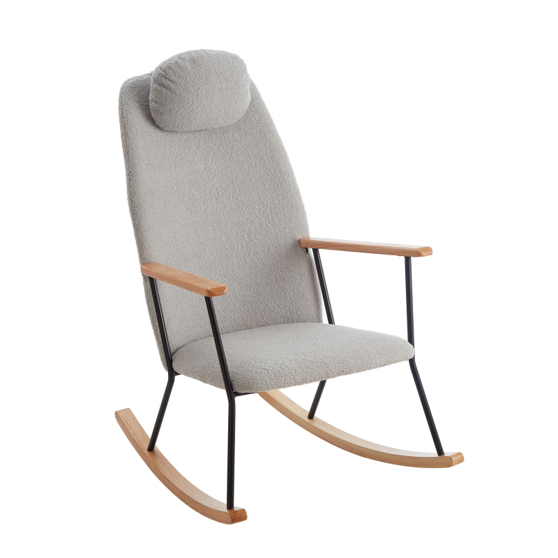 Adjustable Headrest Pillow Rocking Chair, Teddy Fabric Upholstered Glider Rocker with High Backrest, Modern Rocking Accent Chairs Comfy Side Chair for Nursery, Bedroom, Living Room (Light Grey)