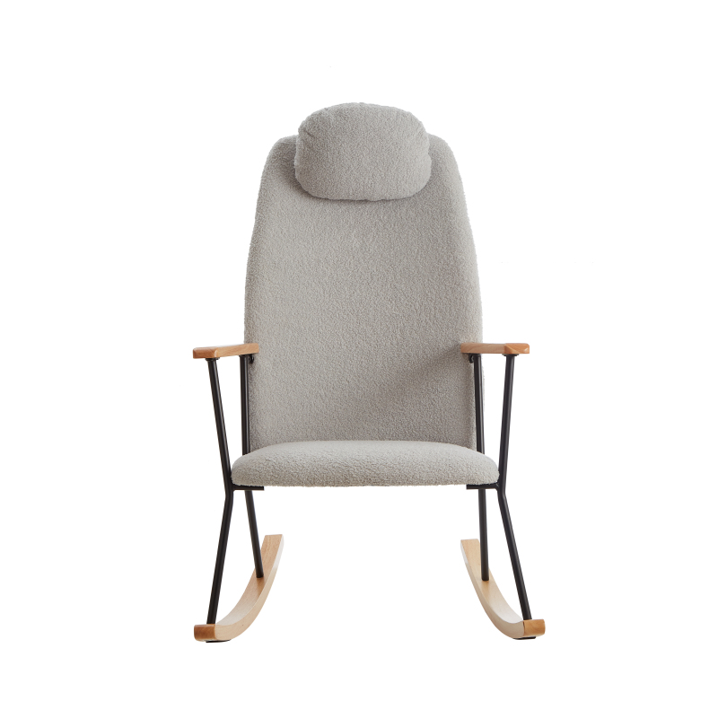 Adjustable Headrest Pillow Rocking Chair, Teddy Fabric Upholstered Glider Rocker with High Backrest, Modern Rocking Accent Chairs Comfy Side Chair for Nursery, Bedroom, Living Room (Light Grey)