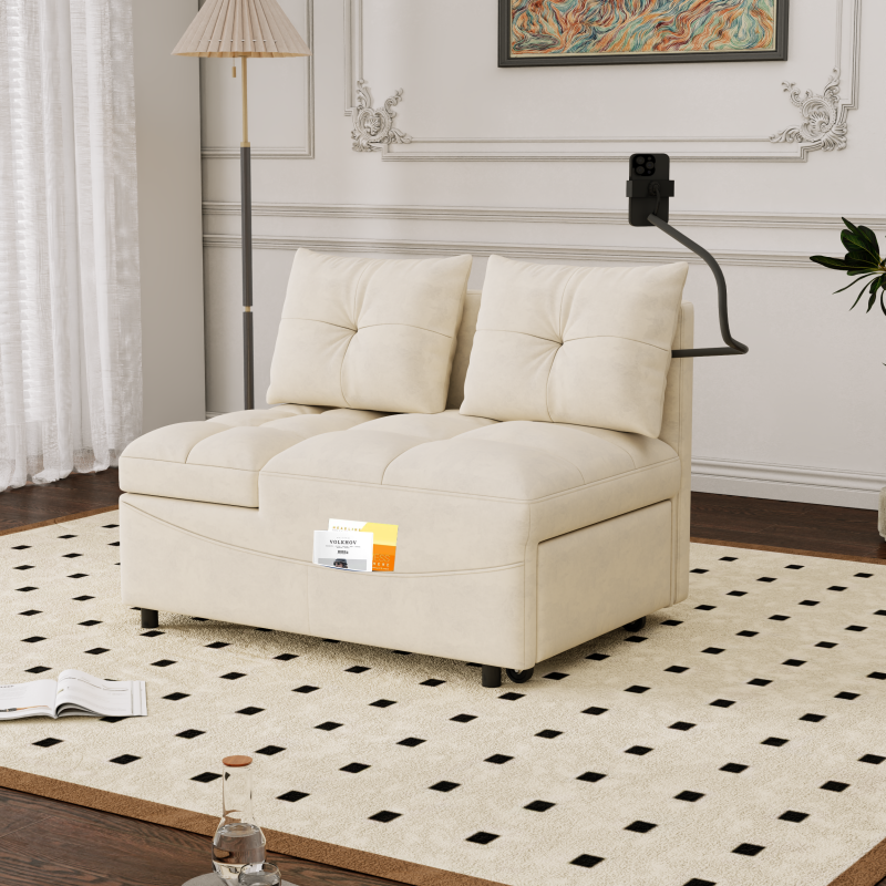 1 versatile foldable sofa bed in 3 lengths,  modern sofa sofa sofa velvet pull-out bed, loveseat sofa adjustable back and with USB port and swivel phone stand,BEIGE