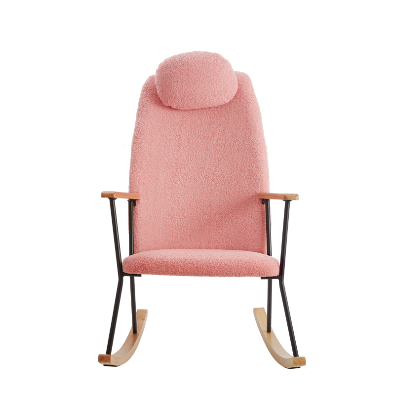 Adjustable Headrest Pillow Rocking Chair, Teddy Fabric Upholstered Glider Rocker with High Backrest, Modern Rocking Accent Chairs Comfy Side Chair for Nursery, Bedroom, Living Room (Pink)