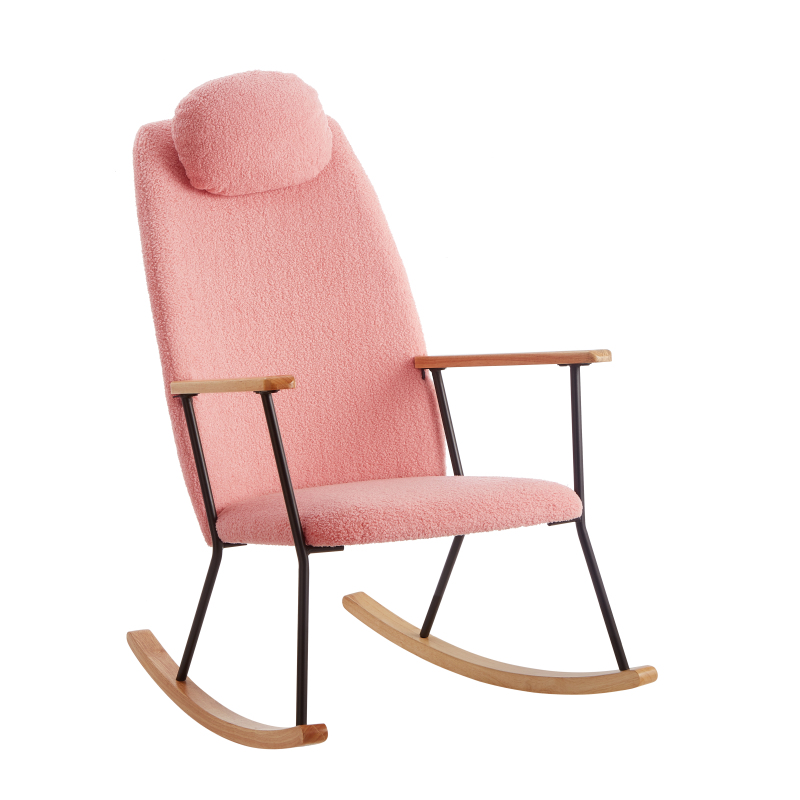 Adjustable Headrest Pillow Rocking Chair, Teddy Fabric Upholstered Glider Rocker with High Backrest, Modern Rocking Accent Chairs Comfy Side Chair for Nursery, Bedroom, Living Room (Pink)