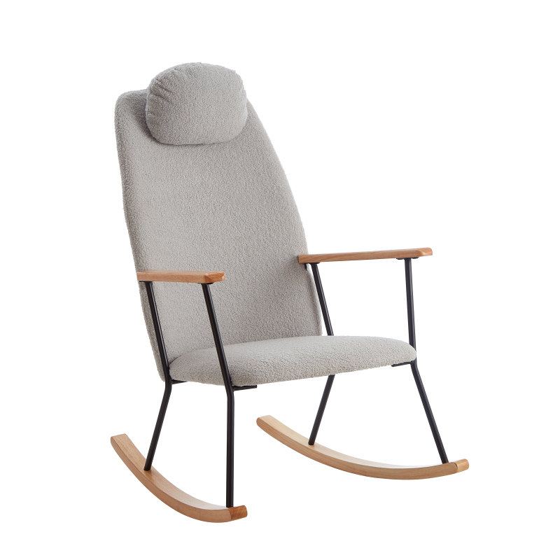 Adjustable Headrest Pillow Rocking Chair, Teddy Fabric Upholstered Glider Rocker with High Backrest, Modern Rocking Accent Chairs Comfy Side Chair for Nursery, Bedroom, Living Room (Light Grey)
