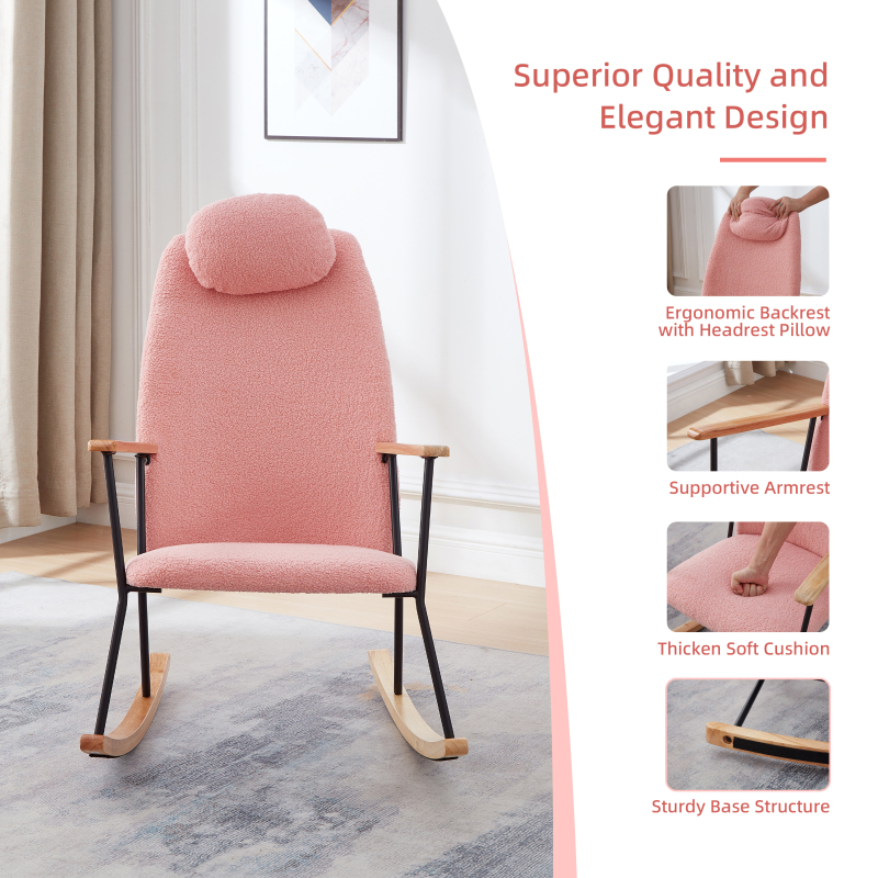 Adjustable Headrest Pillow Rocking Chair, Teddy Fabric Upholstered Glider Rocker with High Backrest, Modern Rocking Accent Chairs Comfy Side Chair for Nursery, Bedroom, Living Room (Pink)