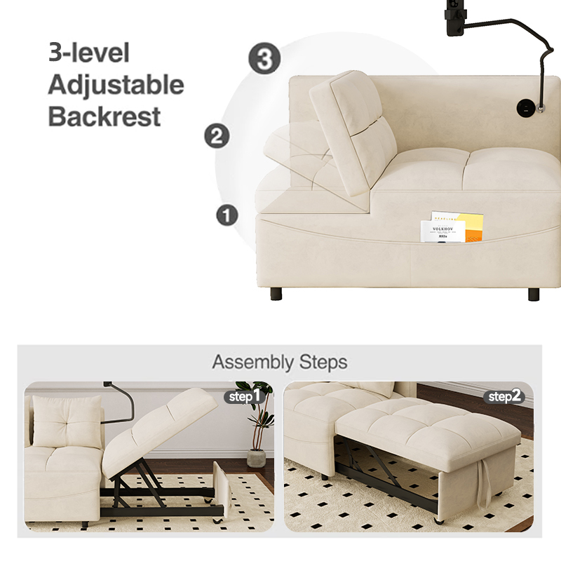 1 versatile foldable sofa bed in 3 lengths,  modern sofa sofa sofa velvet pull-out bed, loveseat sofa adjustable back and with USB port and swivel phone stand,BEIGE