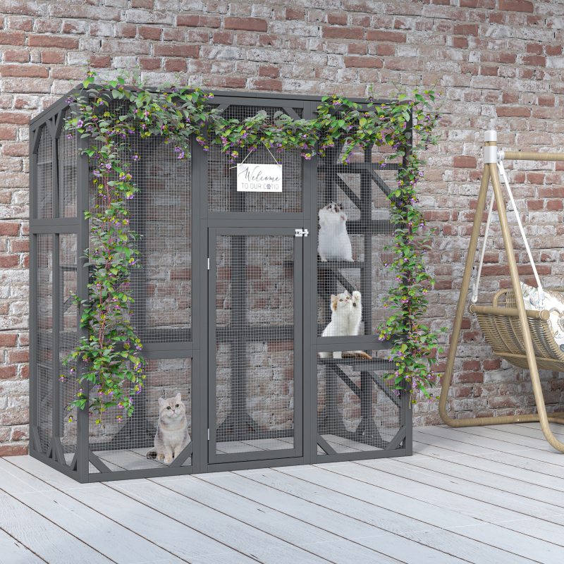 Catio Outdoor Cat Enclosure Cat House Wooden Cat Cage Large Feral Cat Shelter for Mulitiple Cats with Six Platforms, Large Enter Door, Waterproof Roof 60" Grey