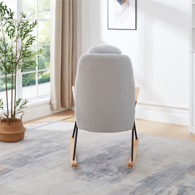 Adjustable Headrest Pillow Rocking Chair, Teddy Fabric Upholstered Glider Rocker with High Backrest, Modern Rocking Accent Chairs Comfy Side Chair for Nursery, Bedroom, Living Room (Light Grey)