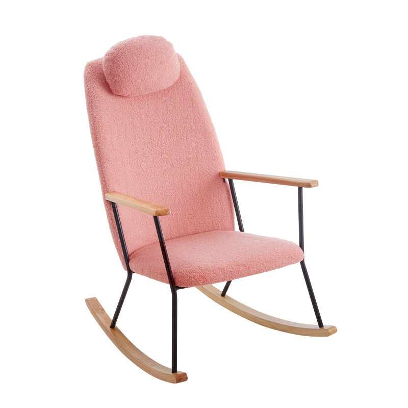 Adjustable Headrest Pillow Rocking Chair, Teddy Fabric Upholstered Glider Rocker with High Backrest, Modern Rocking Accent Chairs Comfy Side Chair for Nursery, Bedroom, Living Room (Pink)