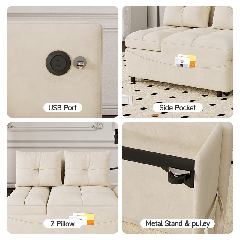 1 versatile foldable sofa bed in 3 lengths,  modern sofa sofa sofa velvet pull-out bed, loveseat sofa adjustable back and with USB port and swivel phone stand,BEIGE