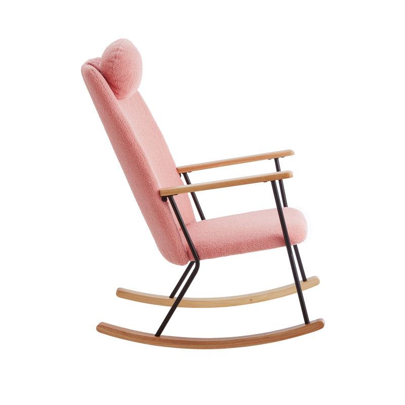 Adjustable Headrest Pillow Rocking Chair, Teddy Fabric Upholstered Glider Rocker with High Backrest, Modern Rocking Accent Chairs Comfy Side Chair for Nursery, Bedroom, Living Room (Pink)