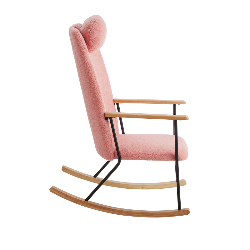 Adjustable Headrest Pillow Rocking Chair, Teddy Fabric Upholstered Glider Rocker with High Backrest, Modern Rocking Accent Chairs Comfy Side Chair for Nursery, Bedroom, Living Room (Pink)