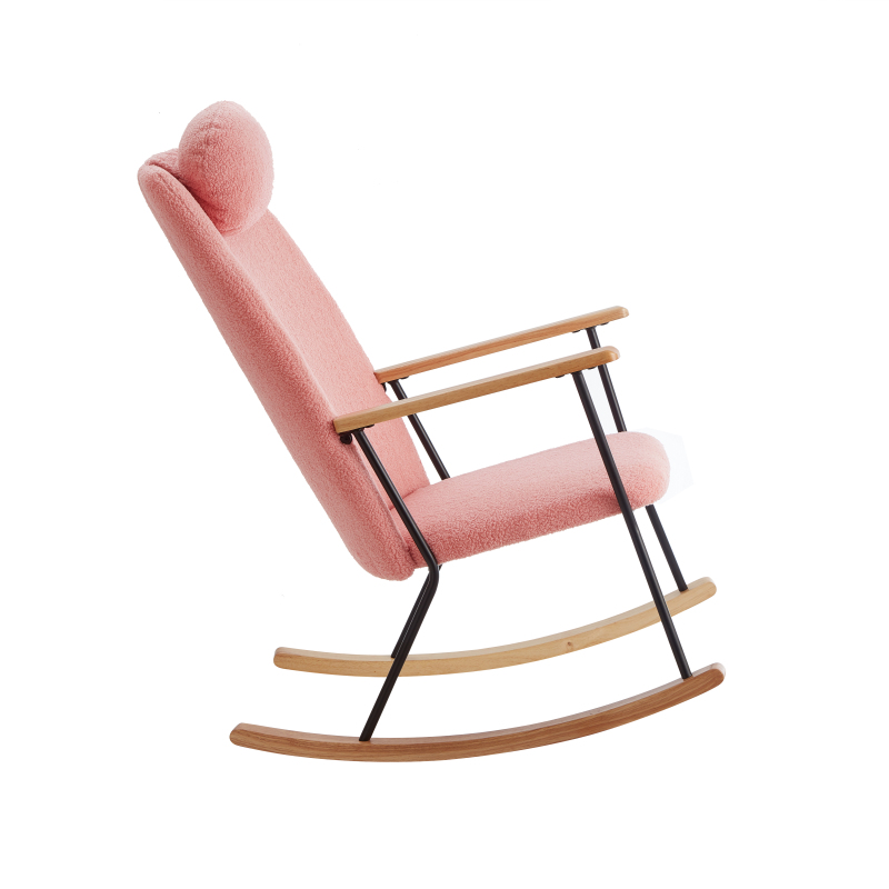 Adjustable Headrest Pillow Rocking Chair, Teddy Fabric Upholstered Glider Rocker with High Backrest, Modern Rocking Accent Chairs Comfy Side Chair for Nursery, Bedroom, Living Room (Pink)