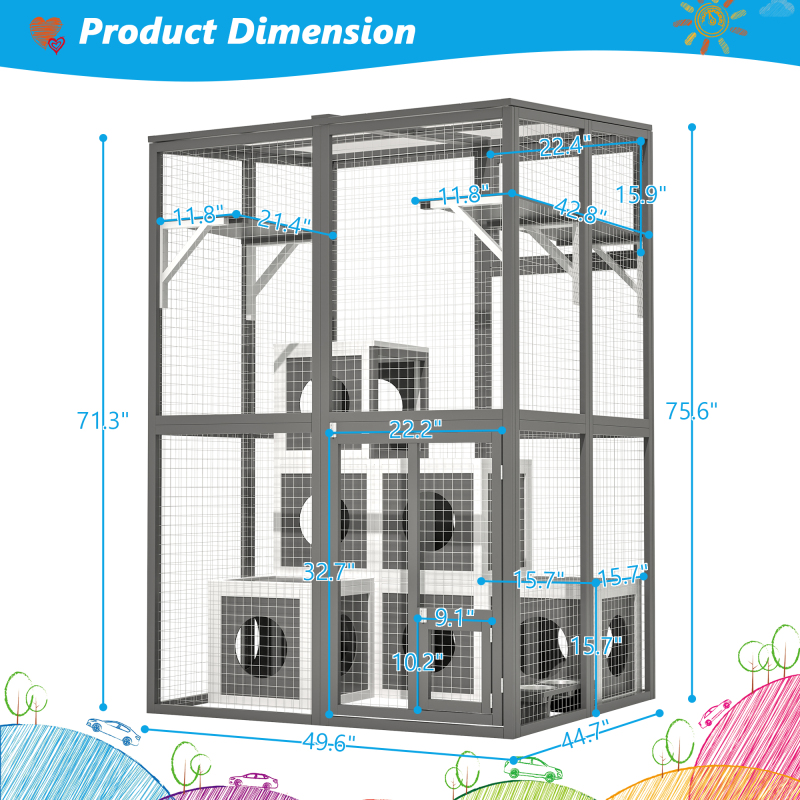 Outdoor Wooden Cat Catio - Large Solid Wood Cat Cage Playpen with 2 Jumping Platforms & 7 Napping Houses, Walk-in Cat Kennel Condo Shelter, Grey