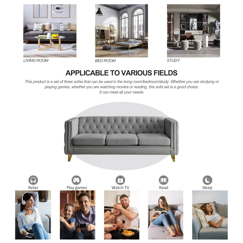 {Contact us for 3D modeling}  Velvet Sofa for Living Room,Buttons Tufted Square Arm Couch, Modern Couch Upholstered Button and Metal Legs, Sofa Couch for Bedroom, Grey Velvet(W834S00020)