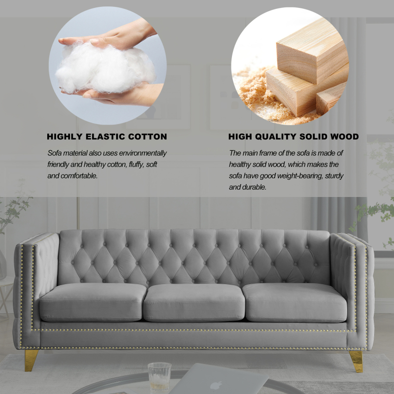 {Contact us for 3D modeling}  Velvet Sofa for Living Room,Buttons Tufted Square Arm Couch, Modern Couch Upholstered Button and Metal Legs, Sofa Couch for Bedroom, Grey Velvet(W834S00020)