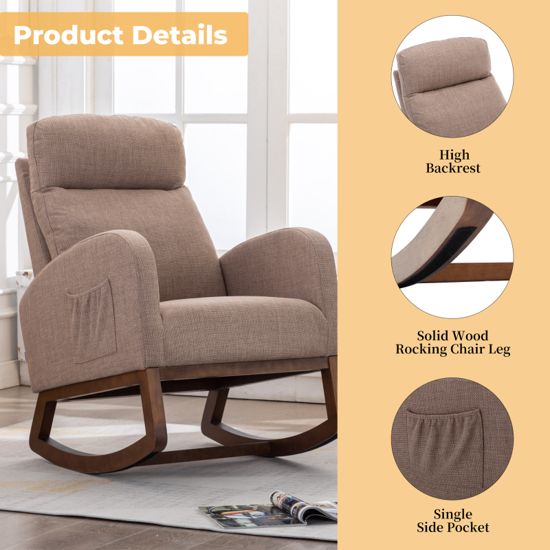 Rocking Chair, Modern Glider Chair, Recliner Armchair with Wood Legs and Side Pocket, Nursery Rocking Accent Chair with High Back for Living Room Bedroom (Camel linen)