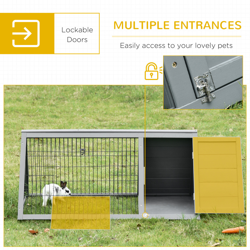 PawHut 46" x 24" Wooden A-Frame Outdoor Rabbit Cage Small Animal Hutch with Outside Run & Ventilating Wire, Grey
