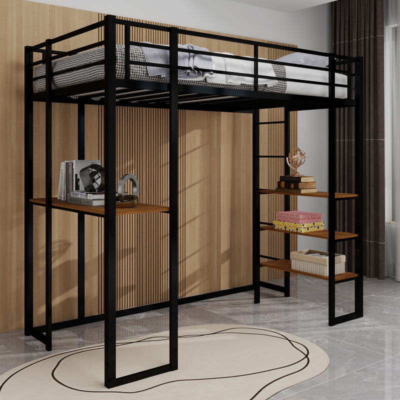 Iron frame bed with bed and table